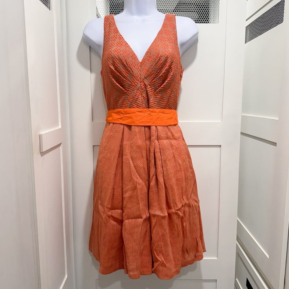SOLD Anthropologie Eva Franco Dress Swing Orange Texture 50's Housewife Belted - Picture 2 of 8